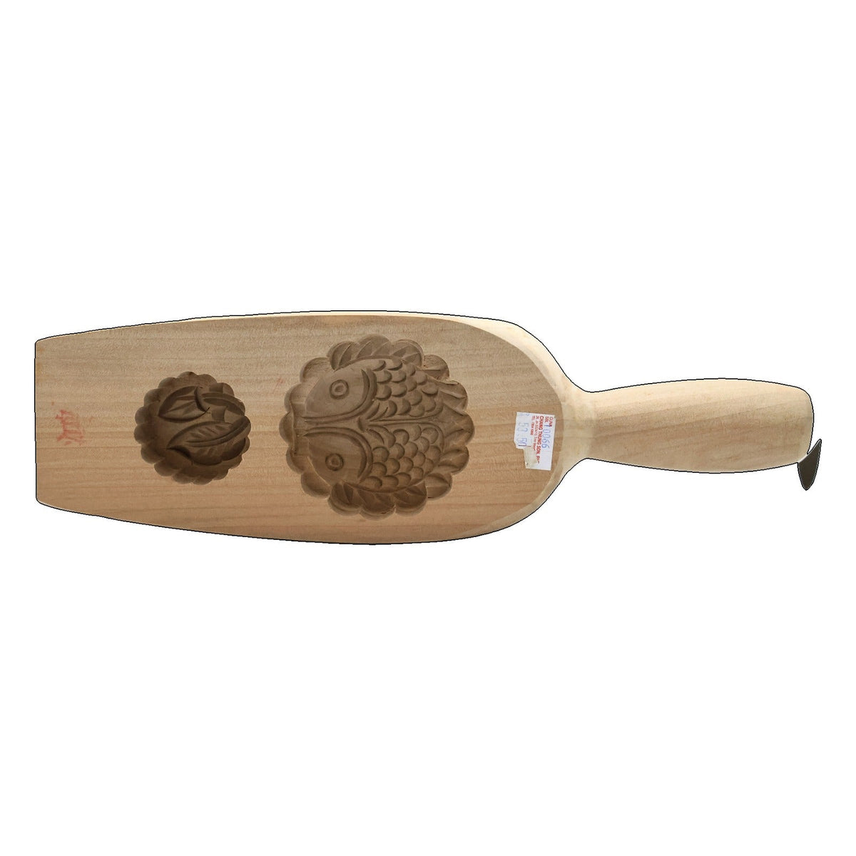WOODEN MOONCAKE MOULD – GOLDEN FISH DESIGN, ROUND, 2 CAVITIES (BB213)